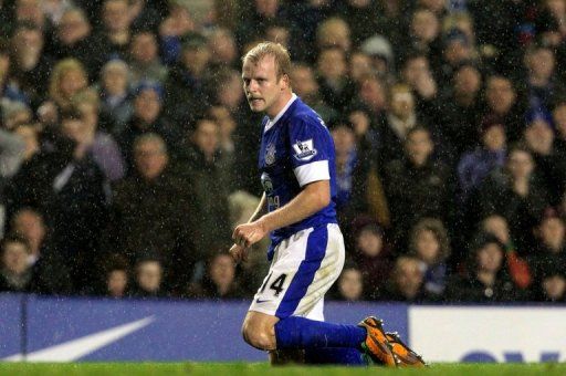 Everton&#039;s Steven Naismith reacts at the Goodison Park stadium in Liverpool on November 24, 2012