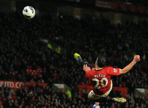 Manchester United forward Robin van Persie goes for the spectacular, at Old Trafford, on March 16, 2013