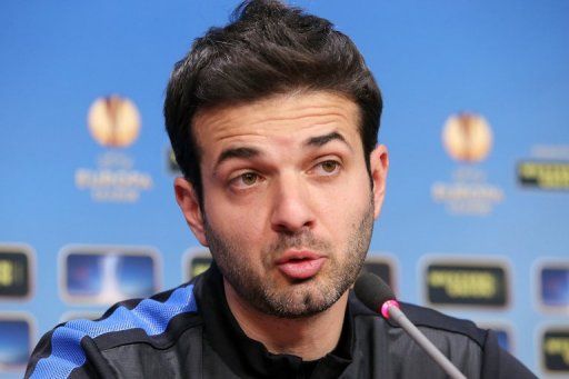 Andrea Stramaccioni, coach of Inter Milan addresses a press conference in Cluj, northern Romania on February 20, 2013