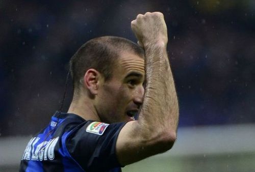 Inter Milan's Argentinian forward Rodrigo Sebastian Palacio celebrates after scoring on March 30, 2013