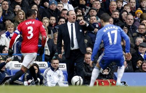 Chelsea's Rafael Benitez (C) reacts in London, England on April 1, 2013