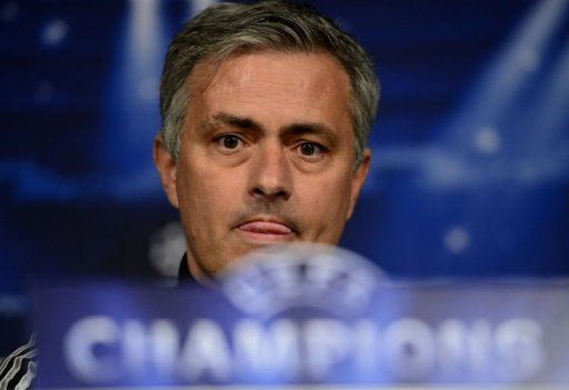 Jose Mourinho gives a press conference at Santiago Bernabeu stadium in Madrid on April 2, 2013