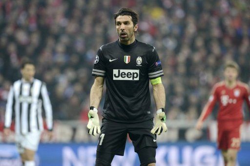 Gianluigi Buffon reacts to the final whistle in the Champions League quarter-final at Bayern Munich on April 2, 2013