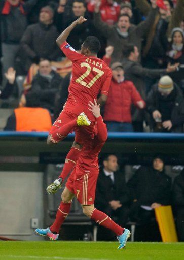 Bayern Munich midfielder David Alaba celebrates scoring the opening goal in the 2-0 win over Juventus on April 2, 2013