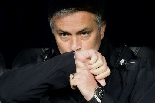 Real Madrid&#039;s coach Jose Mourinho reacts on April 3, 2013 at Santiago Bernabeu stadium in Madrid