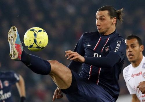 PSG's Zlatan Ibrahimovic kicks the ball during their match against Montpellier, in Paris, on March 29, 2013