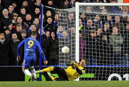 Chelsea striker Fernando Torres misses a chance on goal against Rubin Kazan on April 4, 2013