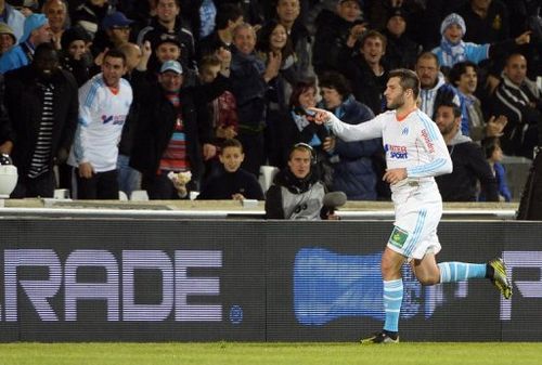 Marseille's Andre Pierre Gignac celebrates after scoring a goal against Bordeaux, in Marseille, on April 5, 2013