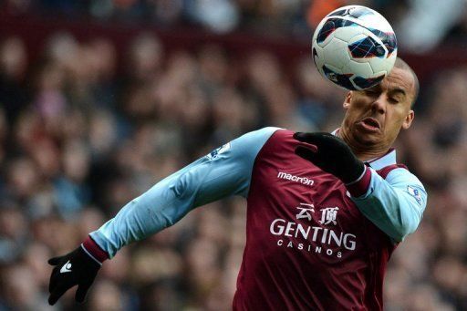 Aston Villa&#039;s forward Gabriel Agbonlahor controls the ball during in Birmingham, central England, on March 16, 2013