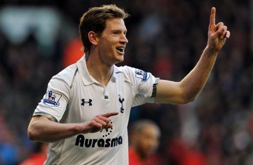 Tottenham&#039;s Jan Vertonghen celebrates scoring a goal against Liverpool at Anfield on March 10, 2013