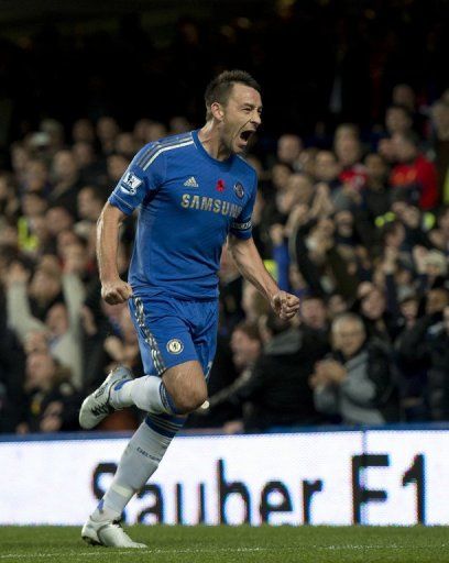 Chelsea&#039;s John Terry celebrates after scoring a goal againt Liverpool, at Stamford Bridge, on November 11, 2012