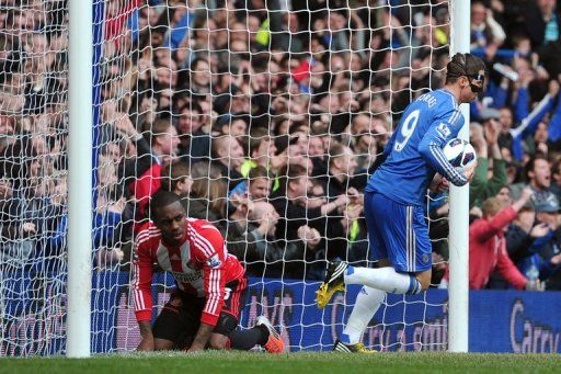 Fernando Torres wheels away after an own goal put Chelsea level at home to Sunderland on April 7, 2013