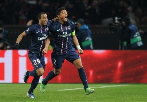 PSG's Lucas Moura (L) and Thiago Silva are pictured during their match against Barcelona on April 2, 2013