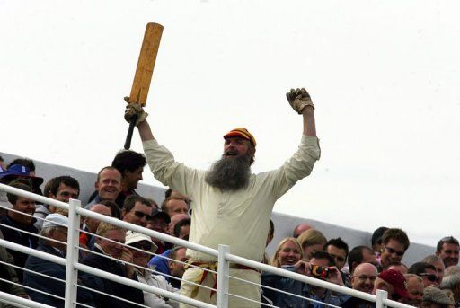 An actor impersonating batsman W.G.Grace entertains spectators at Trent Bridge on August 26, 2005