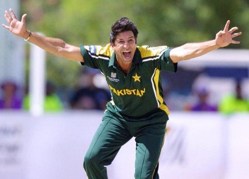Wasim Akram, the opening bowler of Pakistan, appeals during the ICC Cricket World Cup 2003