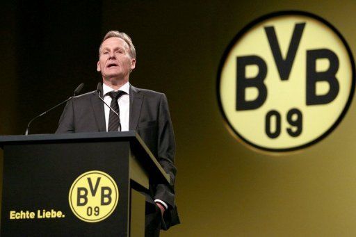 Borussia Dortmund CEO Hans-Joachim Watzke gives a speech at the Westfalenhalle in Dortmund, Germany, November 25, 2012