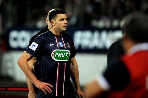 Paris Saint-Germain's Thiago Motta reacts after receiving a red card on April 17, 2013 in Annecy