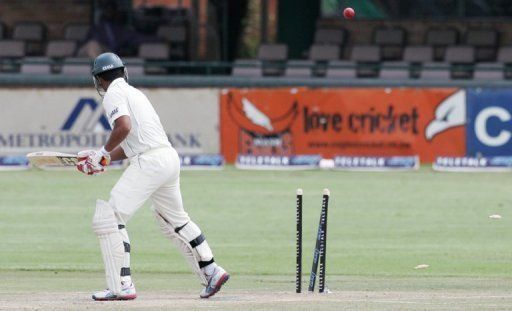 Bangladesh batsman Mahmudullah is clean bowled during the first Test against Zimbabwe in Harare, on April 19, 2013