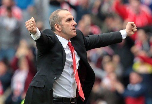 Sunderland&#039;s manager Paolo Di Canio celebrates a goal at The Stadium of Light in Sunderland, April 20, 2013
