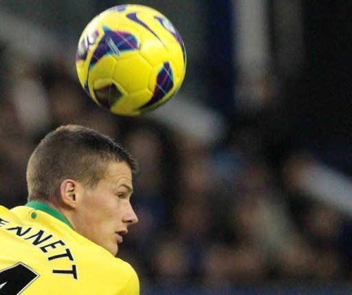 Norwich City&#039;s Ryan Bennett in action at the Goodison Park stadium in Liverpool, north west England on November 24, 2012