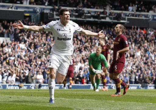 Tottenham Hotspur&#039;s Welsh midfielder Gareth Bale at White Hart Lane in north London on April 21, 2013