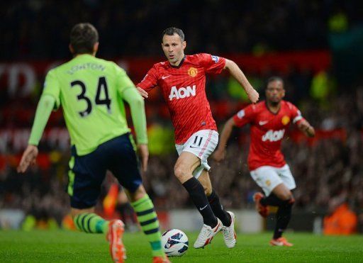Manchester United&#039;s Ryan Giggs (C) is pictured during their Premier League match against Aston Villa on April 22, 2013