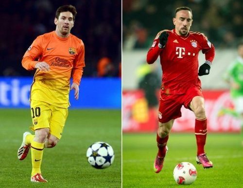 Bayern Munich winger Franck Ribery (R) and Barcelona's Lionel Messi