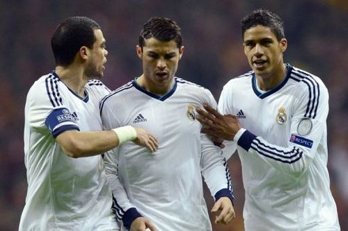 (L-R) Real Madrid's Pepe, Cristiano Ronaldo and Raphael Varane pictured during a match in Istanbul on April 9, 2013