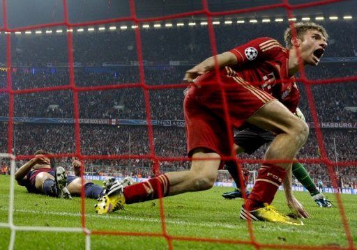 Bayern&#039;s Thomas Mueller after the fourth goal during the game between Bayern and Barcelona in Munich on April 23, 2013