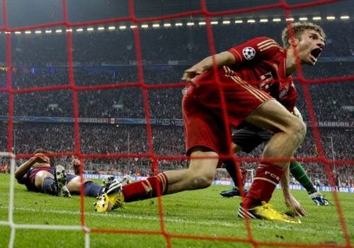 Bayern's Thomas Mueller after the fourth goal during the game between Bayern and Barcelona in Munich on April 23, 2013