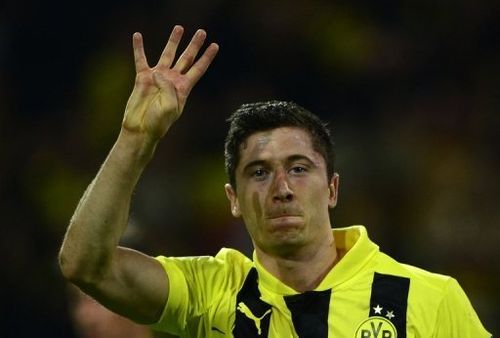 Robert Lewandowski after scoring for Borussia Dortmund against Real Madrid on April 24, 2013 in Dortmund, Germany