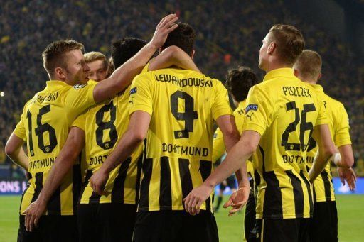 Borrusia Dortmund celebrate a goal during the match against Real Madrid on April 24, 2013