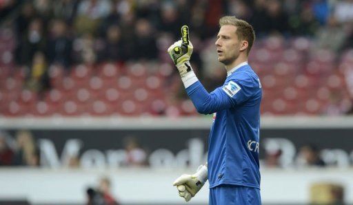 Freiburg goalkeeper Oliver Baumann gestures during a Bundesliga match on April 21, 2013