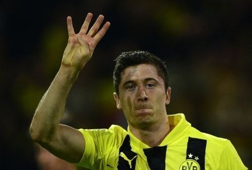 Robert Lewandowski celebrates after scoring against Real Madrid in Dortmund on April 24, 2013