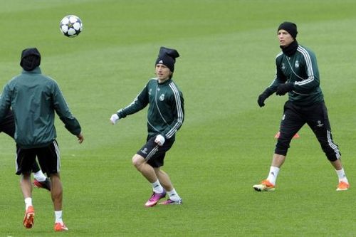 Real Madrid players take part in a training session at the Valdebebas training ground in Madrid, on April 29, 2013