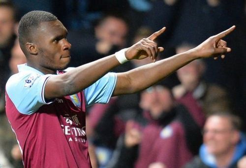 Aston Villa striker Christian Benteke celebrates scoring his team's third goal and his first, on April 29, 2013