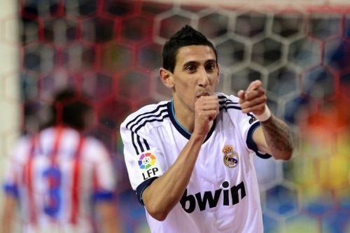 Real Madrid midfielder Angel di Maria celebrates scoring against Atletico Madrid on April 27, 2013