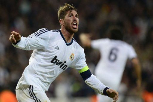 Real Madrid&#039;s defender Sergio Ramos celebrates after scoring in Madrid on April 30, 2013