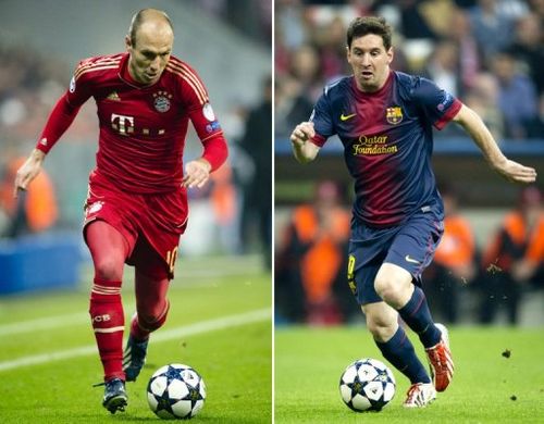 Bayern Munich winger Arjen Robben (L) and Barcelona's Lionel Messi in action