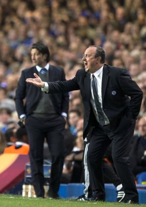 Chelsea manager Rafael Benitez shouts on the sidelines during their Europa League match against FC Basel on May 2, 2013