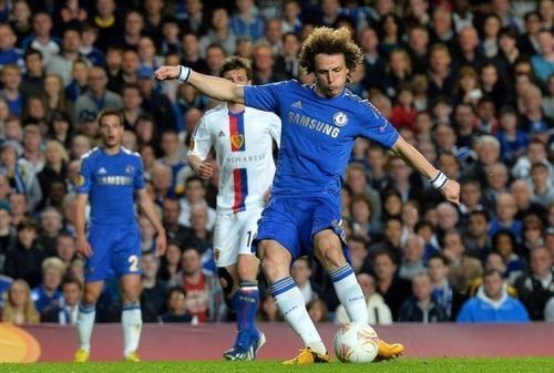 Chelsea's David Luiz scores the third goal during their Europa League match against FC Basel on May 2, 2013