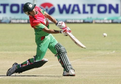 Nasir Hossain plays a shot against Zimbabwe in Bulawayo on May 3, 2013