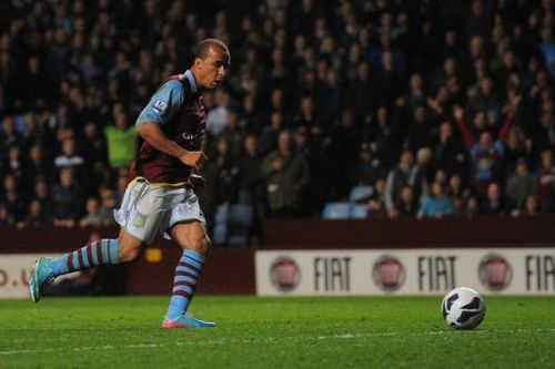 Aston Villa's striker Gabriel Agbonlahor scores at Villa Park in Birmingham, April 29, 2013