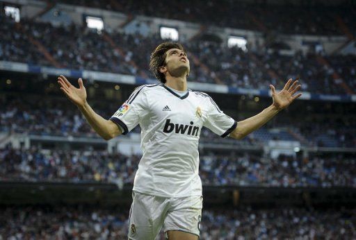 Real Madrid&#039;s midfielder Kaka celebrates after scoring in Madrid on May 4, 2013
