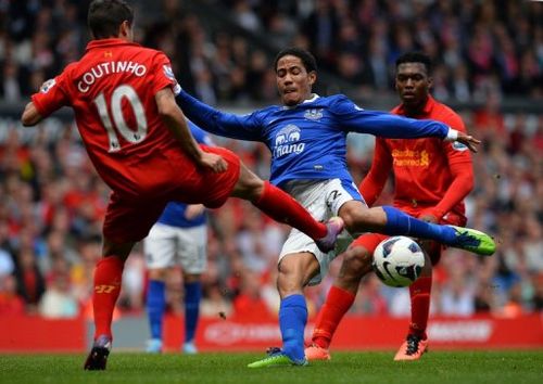 Everton's Steven Pienaar (centre) shoots at goal past Liverpool's Philippe Coutinho at Anfield stadium, May 5, 2013