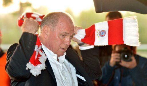 Uli Hoeness arrives for the Champions League semi first leg between Bayern and Barcelona on April 23, 2013 in Munich