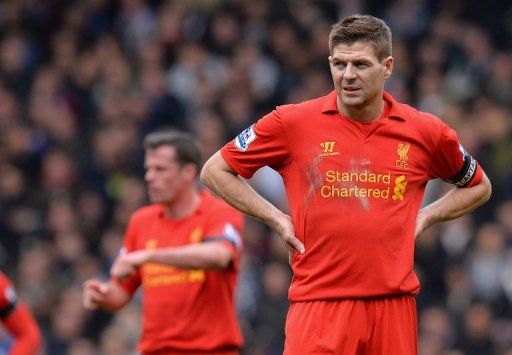 Liverpool&#039;s Steven Gerrard (right) during a Premier League match against West Ham at Anfield stadium on April 7, 2013