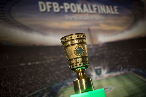 The German DFB Cup trophy is on display at the Rotes Rathaus city hall in Berlin on May 7, 2013