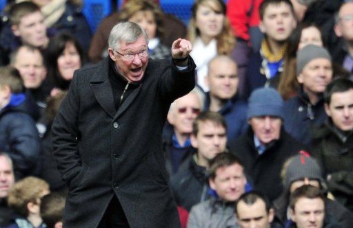 Manchester United manager Alex Ferguson shouts during the FA Cup quarter final replay against Chelsea, April 1, 2013