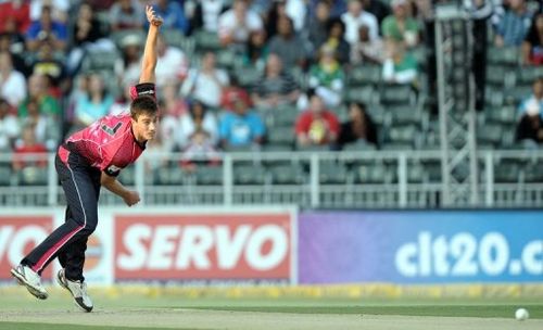 Fast bowler Pat Cummins delivers a ball during a Champions League T20 match in Johannesburg on October 28, 2012